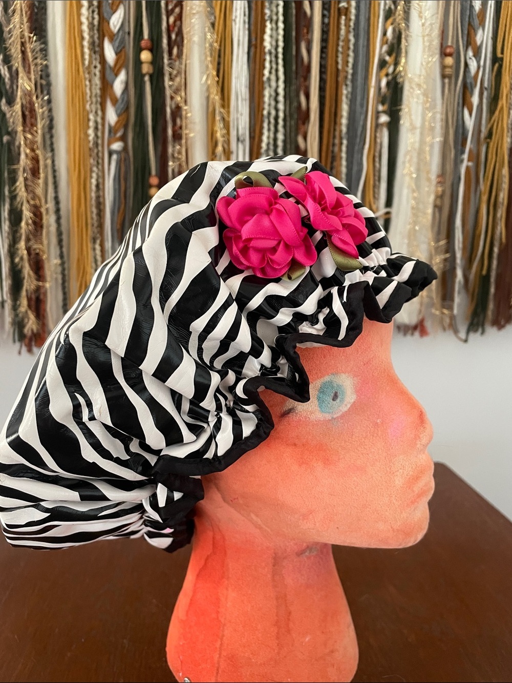 Crazy black and white zebra stripe shower cap